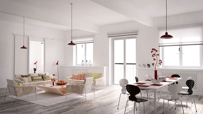 concept interior for an opn plan apartment in scandinavian style