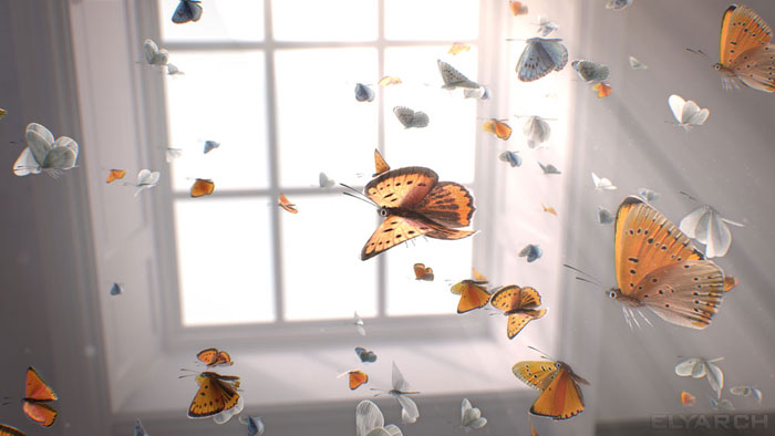 a shot from a 3D CG video Gone? with slow motion butterflies