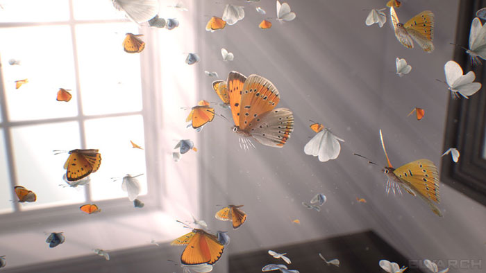 a frame from our CG short film 'Gone?': butterflies in flight and God rays