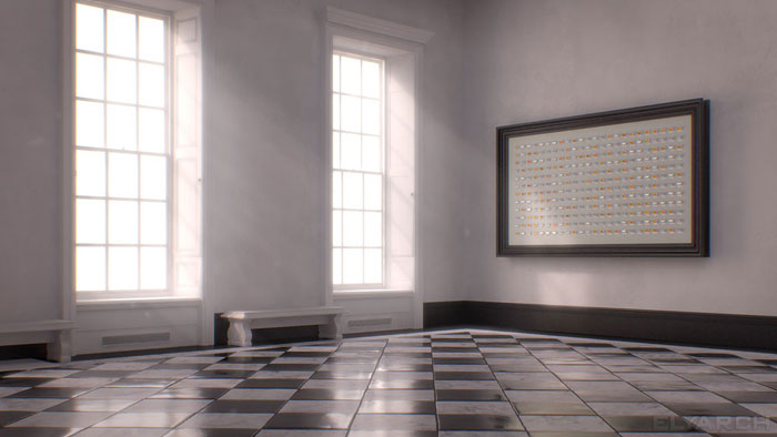 a frame from our CG short film 'Gone?': the room inspired by the Great Hall in the Queens House in Greenwich, London