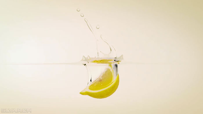 detail from a 3D CG video of slow motion lemon dropped into water