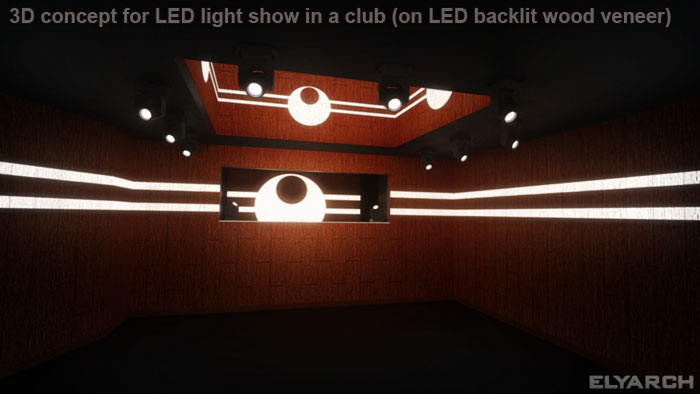3D concept for LED light show in a club (on LED backlit wood veneer)
